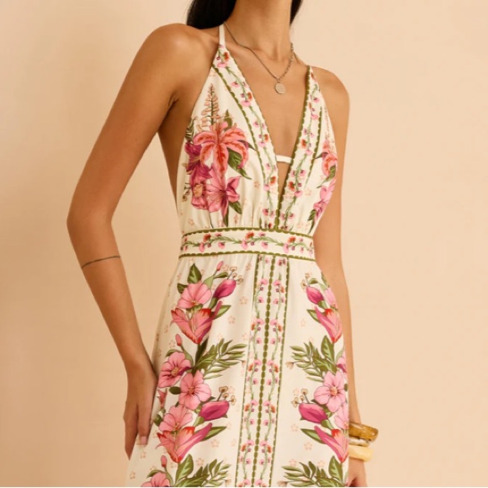 COMMENSE Pink Green Floral Print Halter Open Back Maxi Dress NWT - Picture 7 of 16
